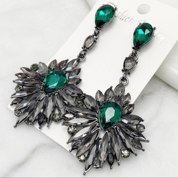 Prom Pageant Bridal Jewelry - Grey & Green Crystal Pageant Bridal Prom Earrings